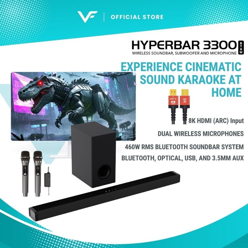Vinnfier VF Hyperbar 3300 MAX 460W Home TV Karaoke Set Soundbar Speaker 2 Wireless Microphone Bluetooth 5.3