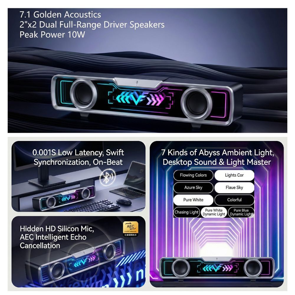 Vinnfier VF Hyperbar U60 BT RGB Bluetooth Soundbar Audio USB Powered Speaker PC Laptop Smart TV