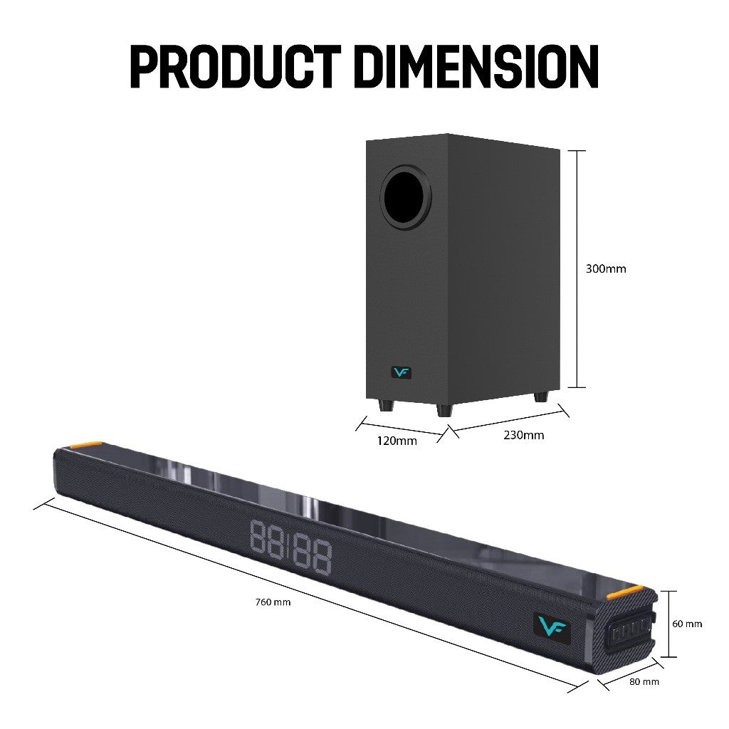 Vinnfier HYPERBAR 202 BTU 100W Soundbar with Wired Subwoofer built-in LED clock display Deep Bass Performance EQ Modes