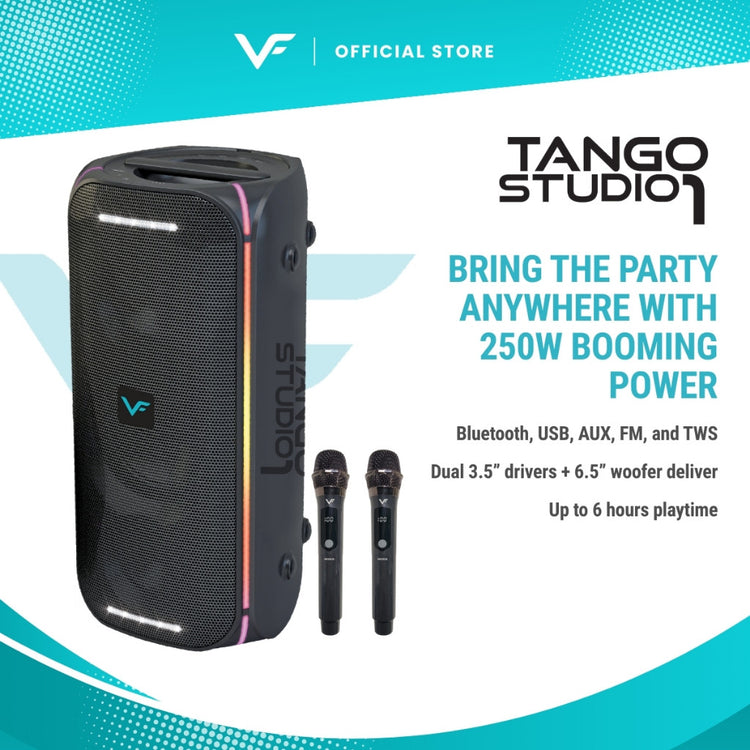 Vinnfier VF Tango Studio 1 250W Max Bass Up Mantap Karaoke Potable Bluetooth Speaker with 2 Wireless Microphone