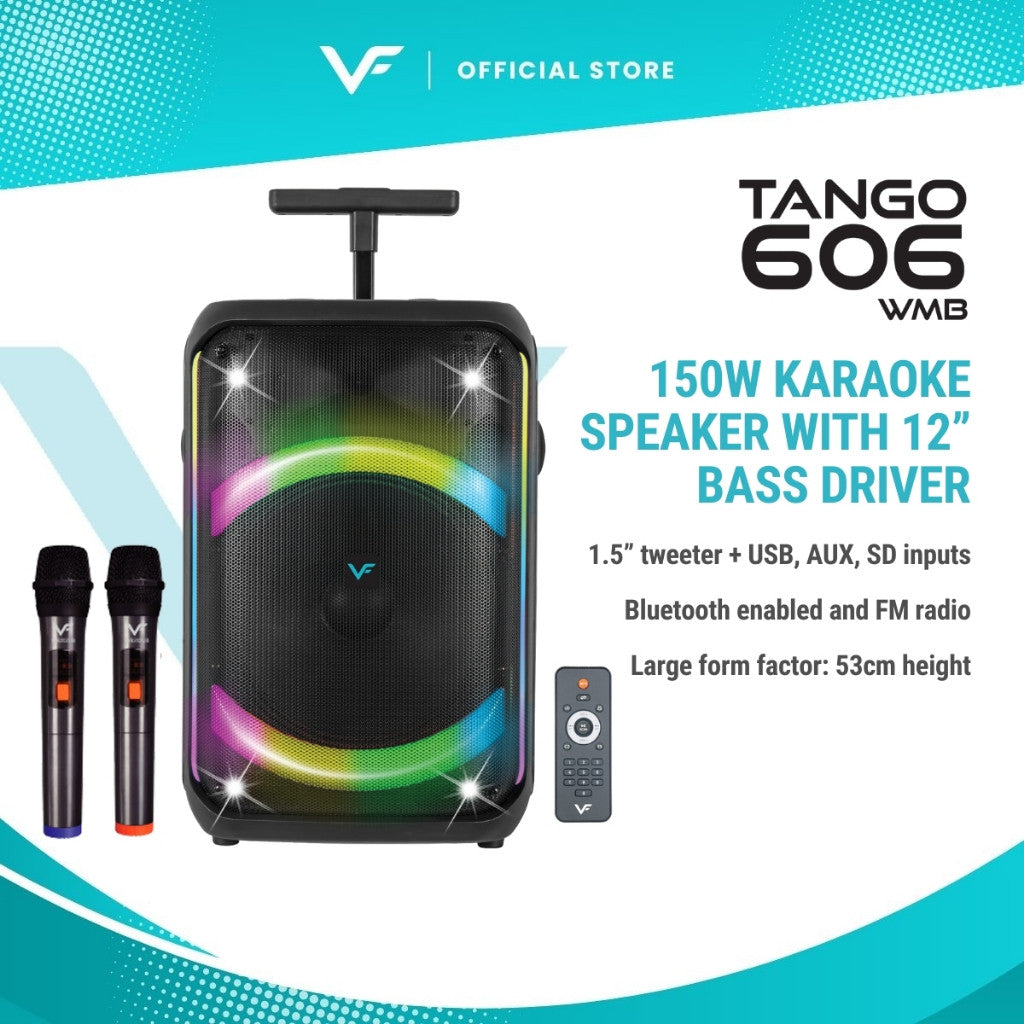 Vinnfier Tango 606 WMB 12" Mudah Alih Pembesar Suara Bass Bluetooth Karaoke Speaker LED Party Lights Guitar AUX, USB