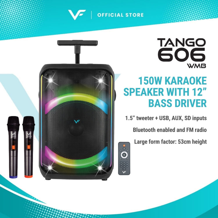 Vinnfier Tango 606 WMB 12" Mudah Alih Pembesar Suara Bass Bluetooth Karaoke Speaker LED Party Lights Guitar AUX, USB