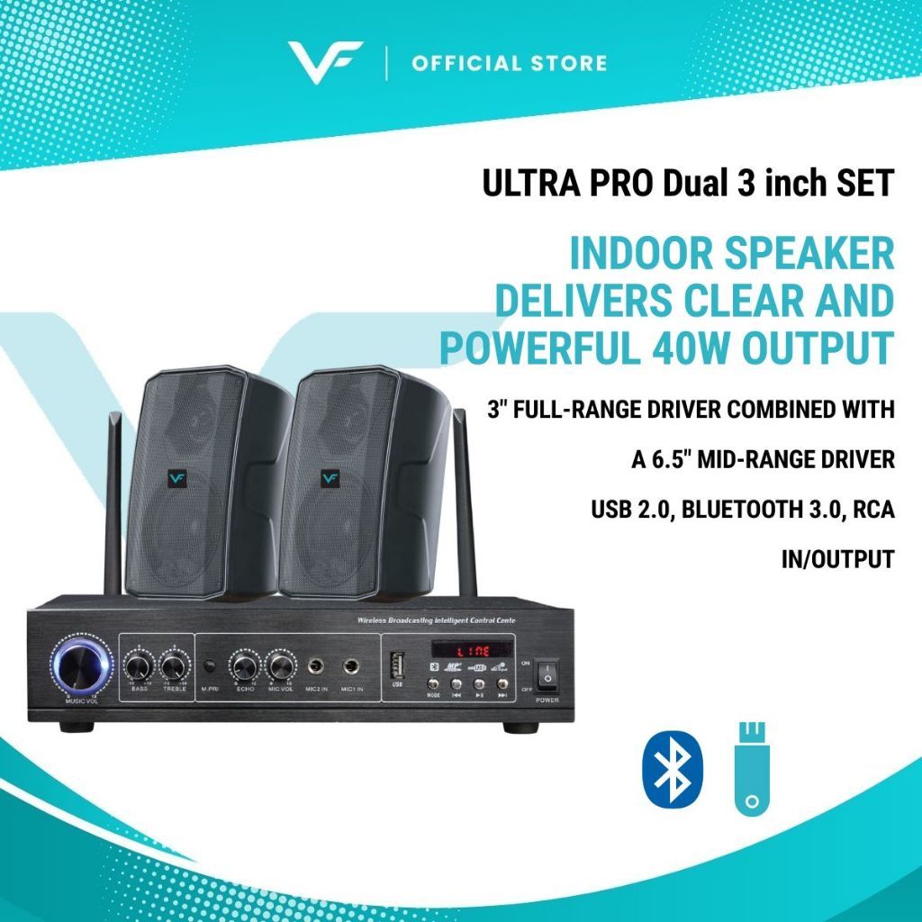 Vinnfier VF Ultra PRO PA60 Dual 3" Inch Set + PA System Transmitter Indoor Speaker Bluetooth USB RCA 40W Output