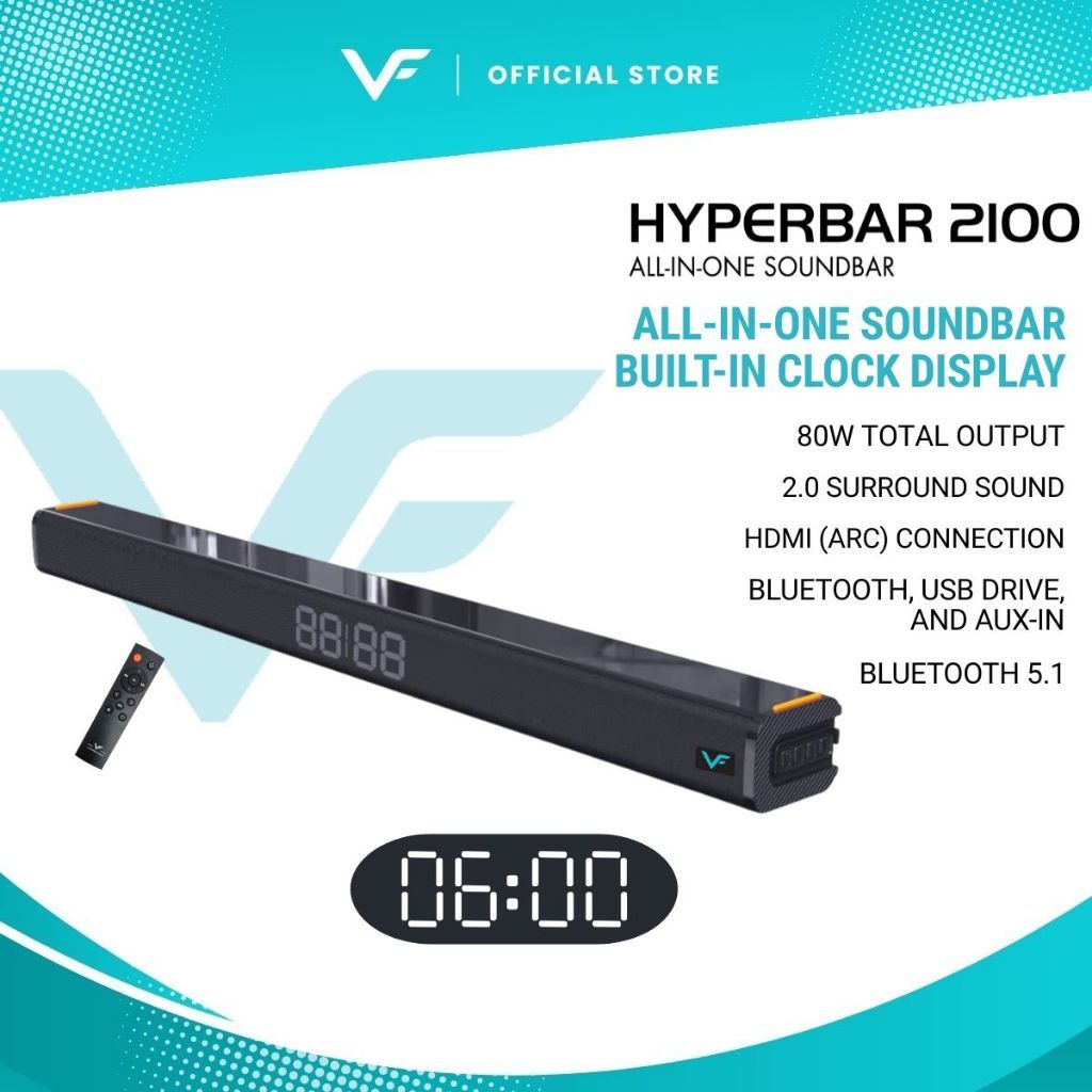Vinnfier VF HYPERBAR 2100 All-in-One Soundbar with Clock Display MAX 80W Bluetooth, USB Drive, HDMI (ARC), AUX-In For TV