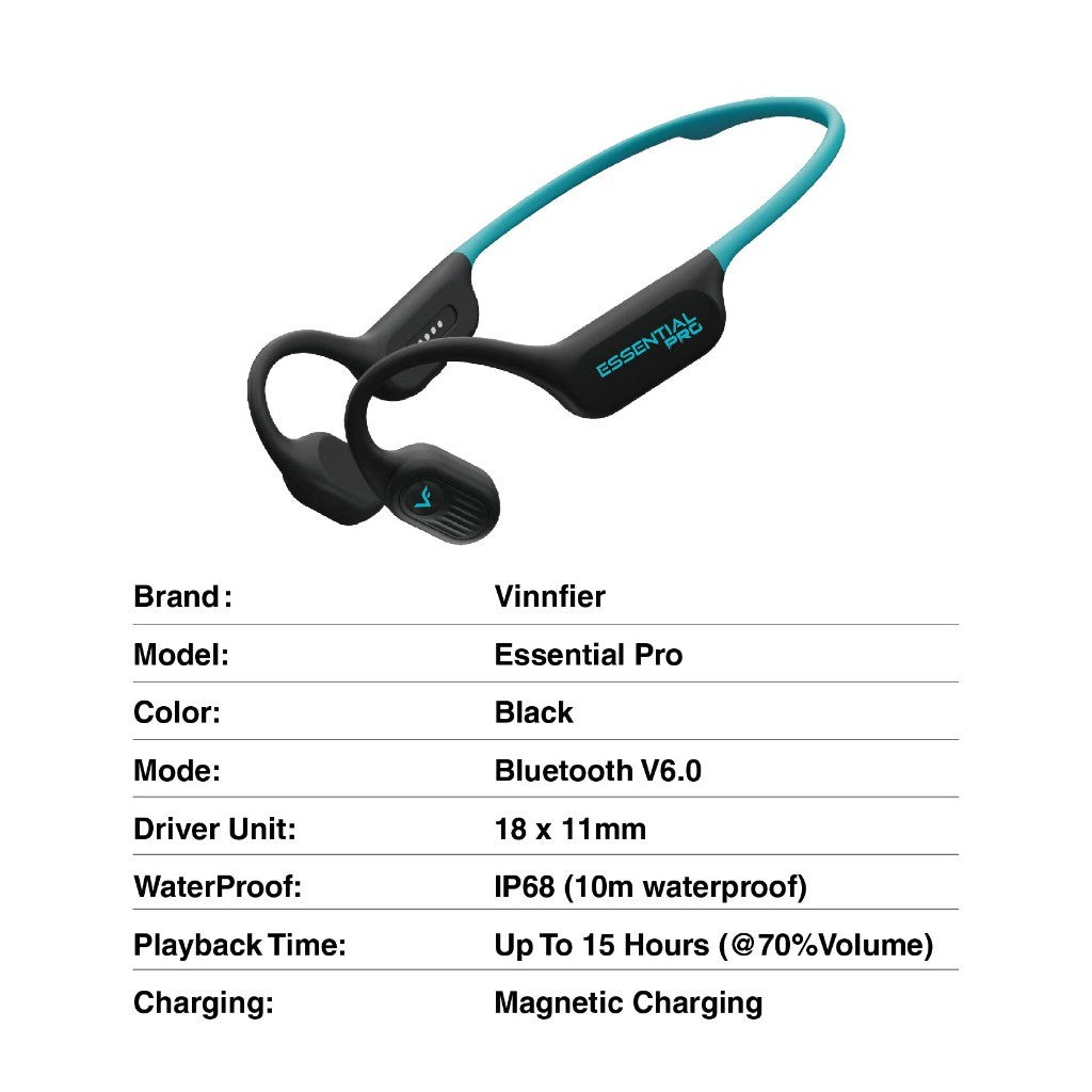 Vinnfier VF ESSENTIAL PRO Bone Conduction Open-Ear Wireless Sports Earphones 32GB / Bluetooth 6.0 / IP68 Waterproof 10m