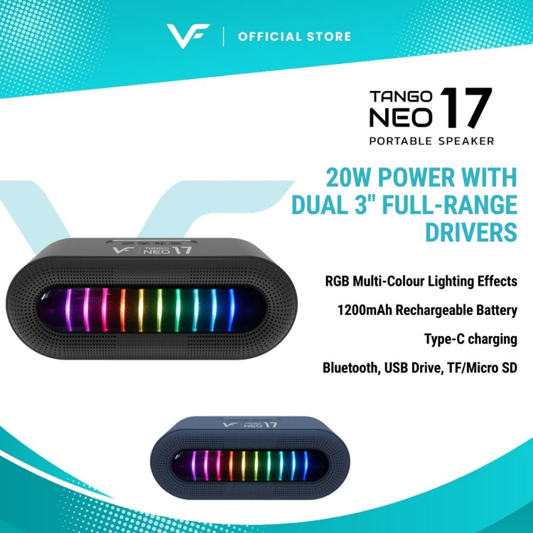 Vinnfier Tango Neo 17 Portable Bluetooth Speaker with RGB Lights Deep Bass Bluetooth 5.3, USB, TF/Micro SD