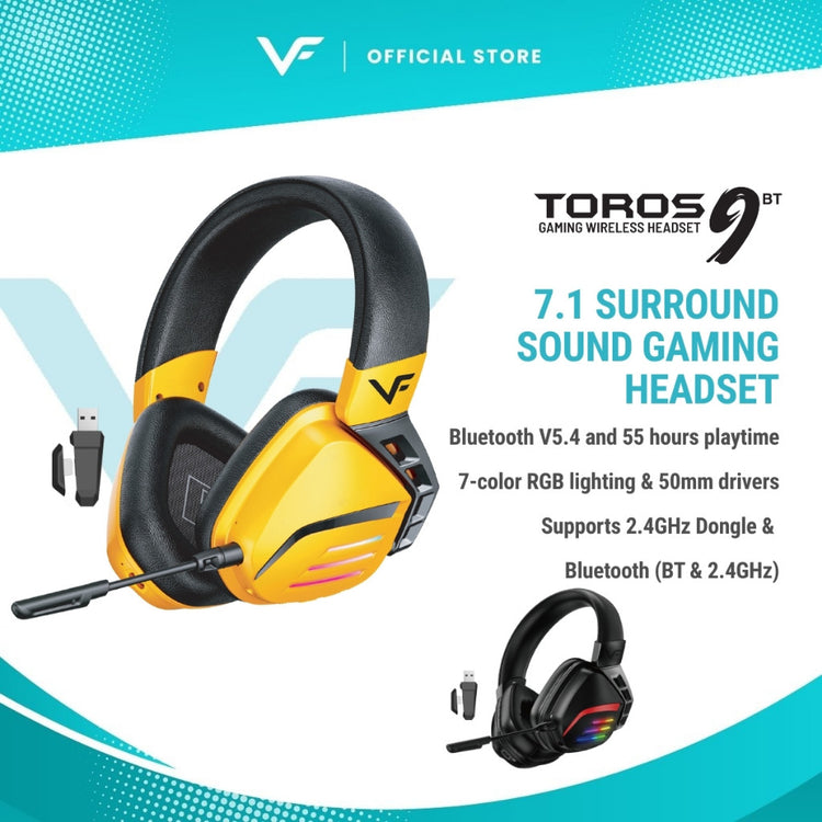Vinnfier VF Toros 9 Wireless Gaming Headphone 7.1 Surround Sound, RGB Lights, Detachable Mic, USB Dongle, Bluetooth 5.3