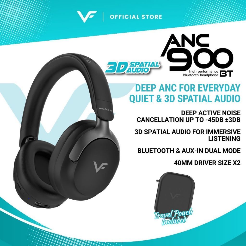 Vinnfier VF ANC 900 BT Wireless Headphones Deep ANC, 3D Spatial Audio, BT V5.4, Built-In Mic, Foldable Design, Travel