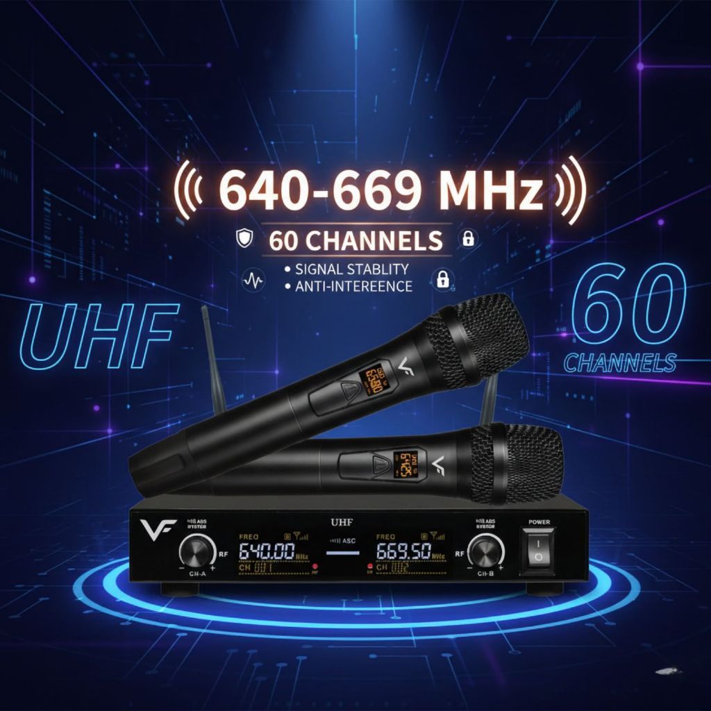 Vinnfier VF UM-1200 Professional DUO Wireless UHF Microphone System 60 Adjustable Channels & Auto ID Pair