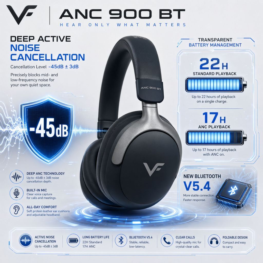 Vinnfier VF ANC 900 BT Wireless Headphones Deep ANC, 3D Spatial Audio, BT V5.4, Built-In Mic, Foldable Design, Travel