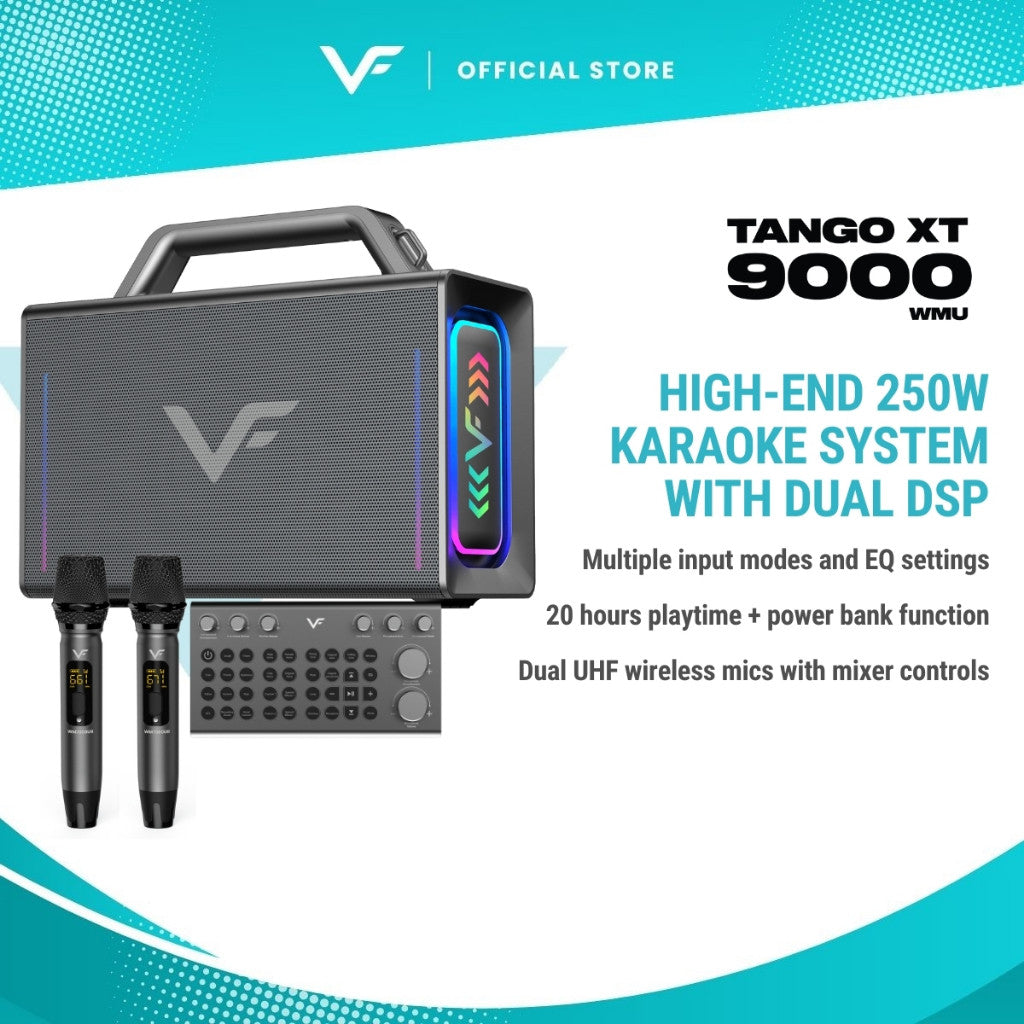 Vinnfier VF Tango XT9000 MAX 200W Professional Karaoke Portable Bluetooth Speaker Sound card Mixer 2 UHF Mirophone