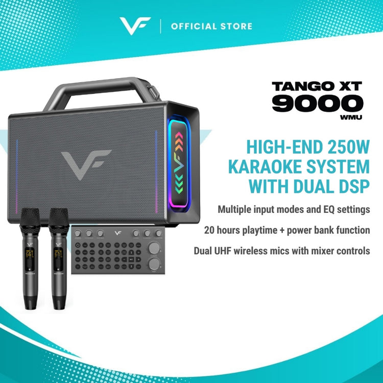 Vinnfier VF Tango XT9000 MAX 200W Professional Karaoke Portable Bluetooth Speaker Sound card Mixer 2 UHF Mirophone