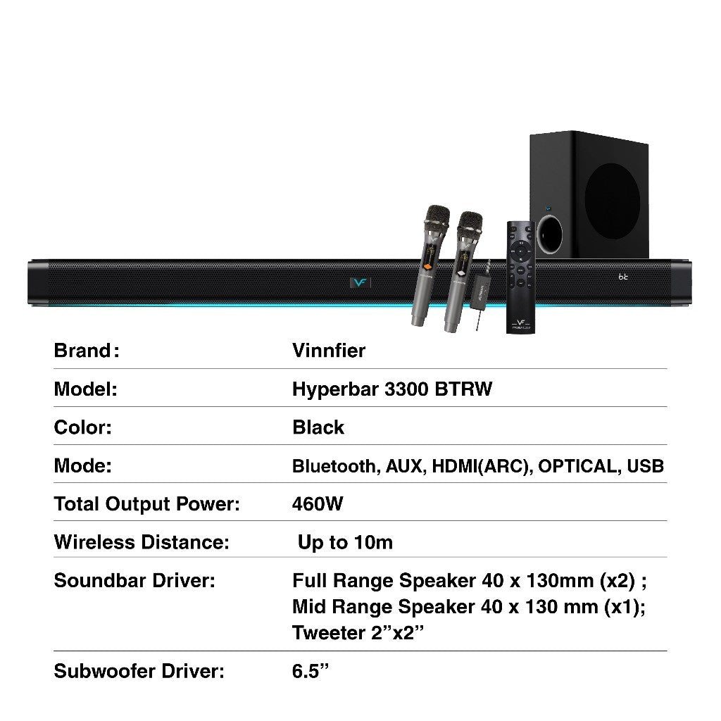 Vinnfier VF Hyperbar 3300 MAX 460W Home TV Karaoke Set Soundbar Speaker 2 Wireless Microphone Bluetooth 5.3