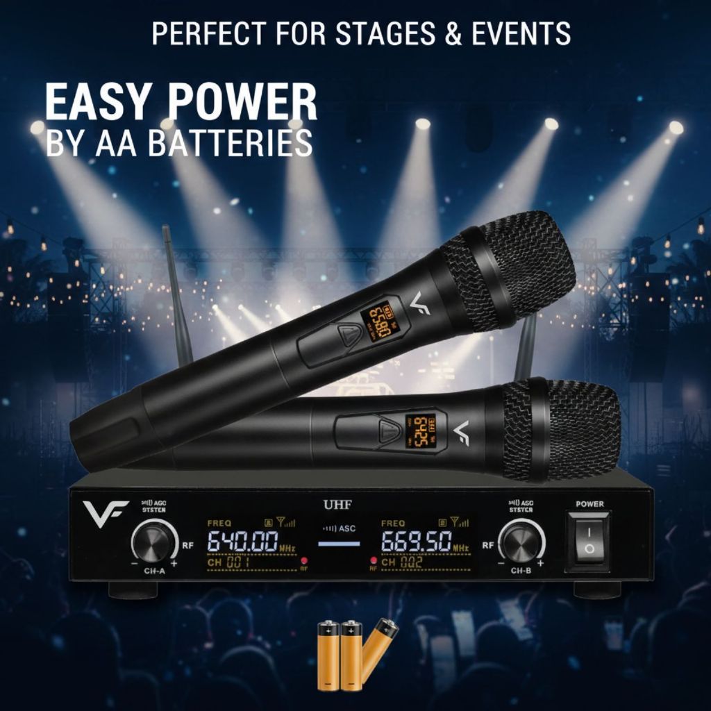 Vinnfier VF UM-1200 Professional DUO Wireless UHF Microphone System 60 Adjustable Channels & Auto ID Pair