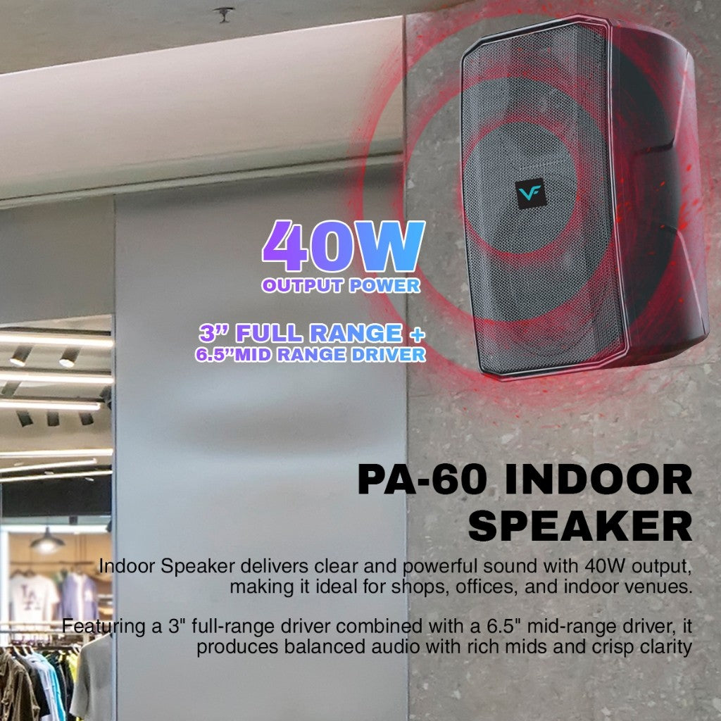 Vinnfier VF Ultra PRO PA60 Dual 3" Inch Set + PA System Transmitter Indoor Speaker Bluetooth USB RCA 40W Output