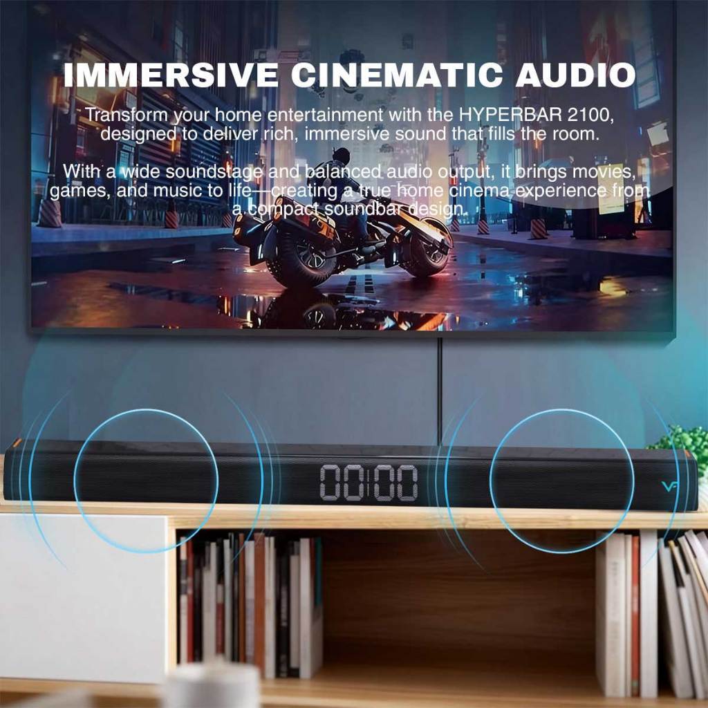 Vinnfier VF HYPERBAR 2100 All-in-One Soundbar with Clock Display MAX 80W Bluetooth, USB Drive, HDMI (ARC), AUX-In For TV