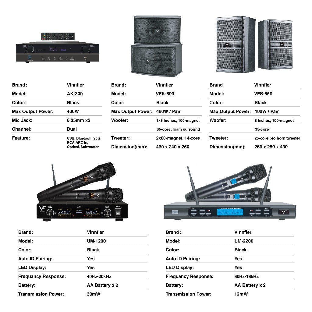 Vinnfier VF ULTRA PRO 8 Inch 850 Karaoke Set Amplifier 400W 8 inch Karaoke Speaker 400W + 2 UHF Wireless Microphone