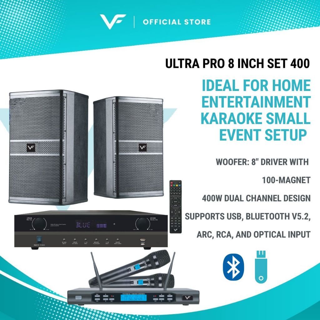 Vinnfier VF ULTRA PRO 8 Inch 850 Karaoke Set Amplifier 400W 8 inch Karaoke Speaker 400W + 2 UHF Wireless Microphone