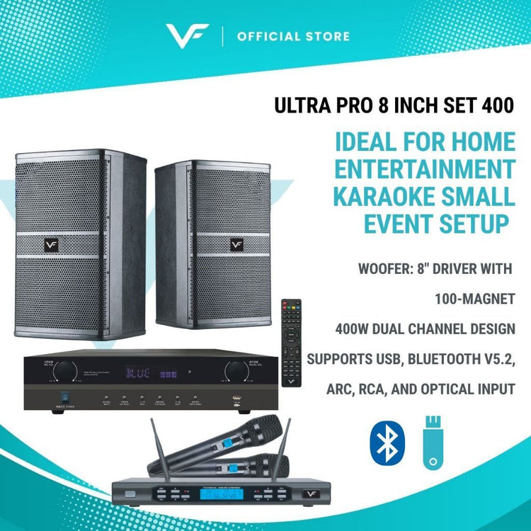Vinnfier VF ULTRA PRO 8 Inch 850 Karaoke Set Amplifier 400W 8 inch Karaoke Speaker 400W + 2 UHF Wireless Microphone