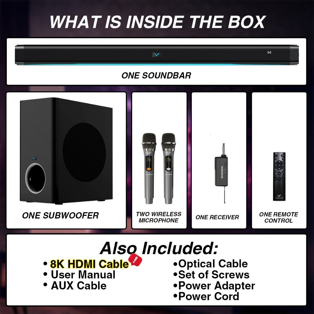 Vinnfier VF Hyperbar 3300 MAX 460W Home TV Karaoke Set Soundbar Speaker 2 Wireless Microphone Bluetooth 5.3