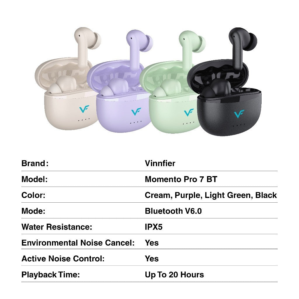 Vinnfier Momento Pro 7 BT True Wireless Earbuds | Quad-Mic ENC | ANC | 20 H Playtime | Bluetooth V6.0 | Deep Bass | IPX5