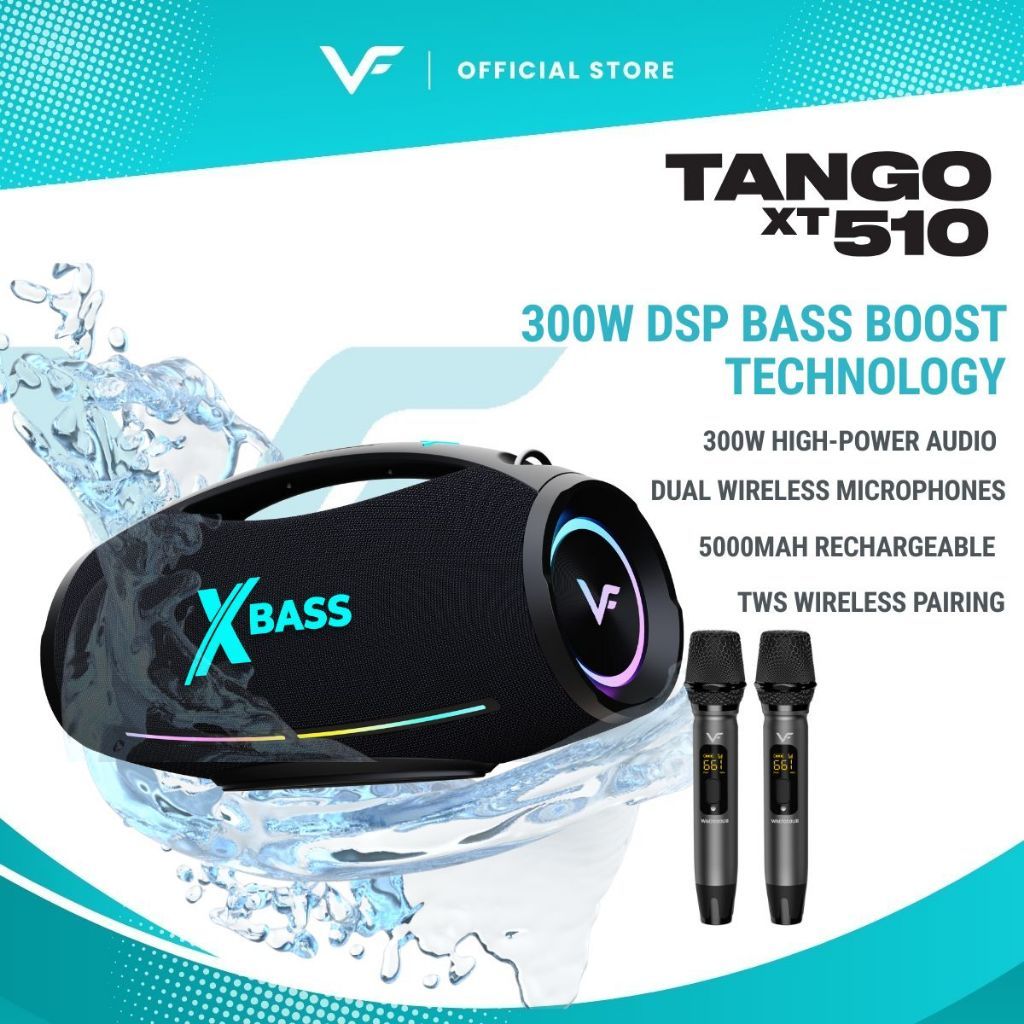 Vinnfier Tango XT510 Portable Bluetooth Karaoke Speaker 300W Output 5000mAH Battery 2 Wireless Microphones | IPX6 | DSP