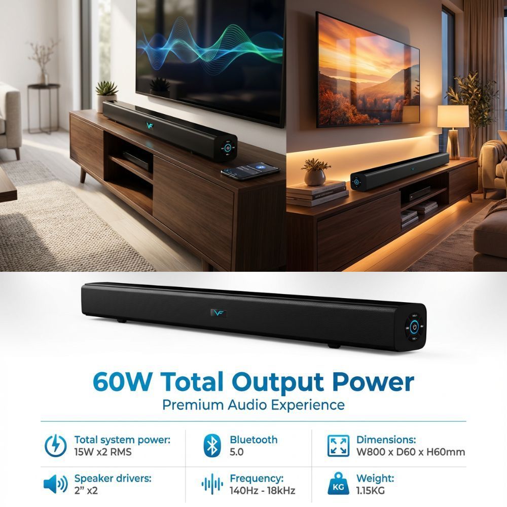 Vinnfier VF Hyperbar 2000 Naik Taraf Bunyi TV Wireless Bluetooth TV Soundbar 60W MAX AUX USB Pendrive