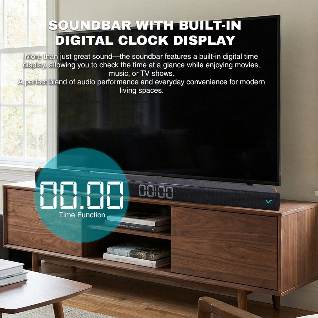Vinnfier VF HYPERBAR 2100 All-in-One Soundbar with Clock Display MAX 80W Bluetooth, USB Drive, HDMI (ARC), AUX-In For TV