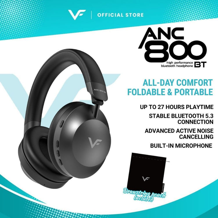 Vinnfier VF ANC 800 BT Wireless Headphones Bluetooth 5.3 Active Noise Cancelling Over Ear Headset 27H Playtime Foldable