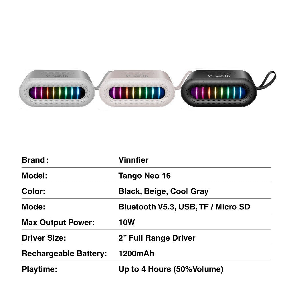 Vinnfier VF Tango Neo 16 Portable Bluetooth Speaker Deep Badd with RGB Light Show Rechargeable Battery