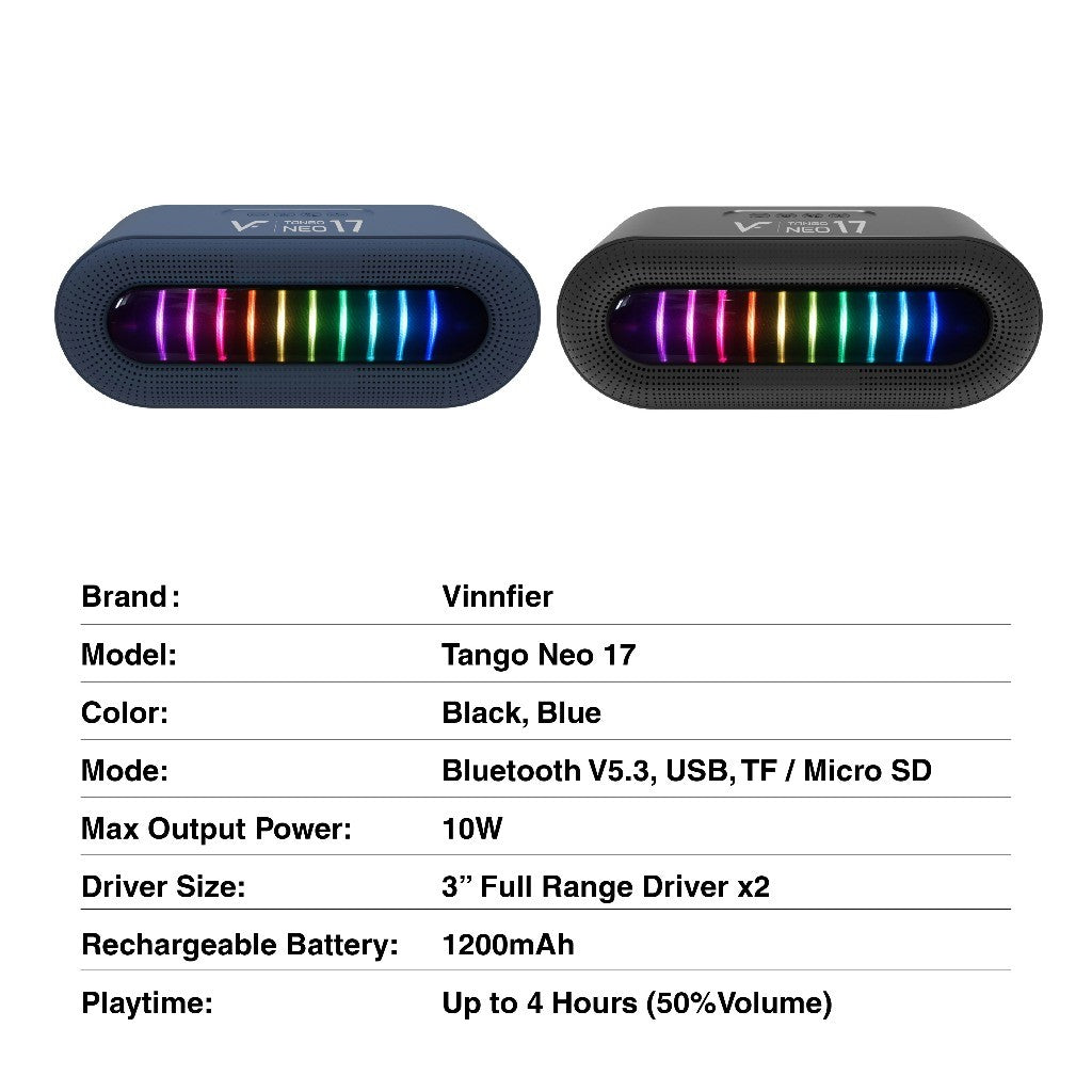 Vinnfier Tango Neo 17 Portable Bluetooth Speaker with RGB Lights Deep Bass Bluetooth 5.3, USB, TF/Micro SD