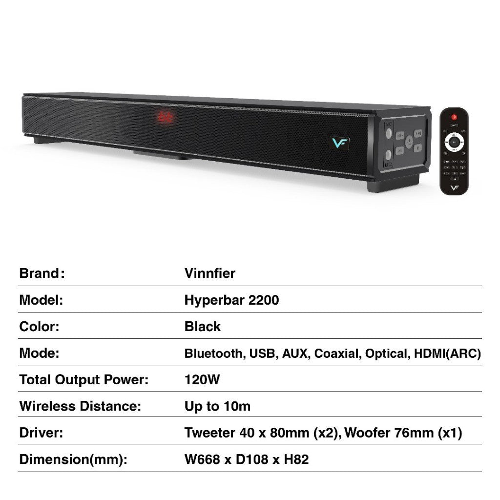 Vinnfier VF Hyperbar 2200 120W Soundbar 2.1 Channel Karaoke Speaker Bluetooth 5.0, HDMI (ARC) Optical, USB, AUX