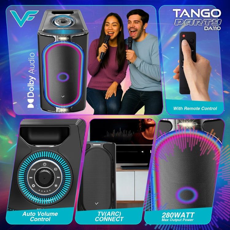 Vinnfier VF Tango Party DA110 Dolby Audio Karaoke Bluetooth Speaker 280W TV ARC & 8000mAh Battery 2 Wireless Microphone