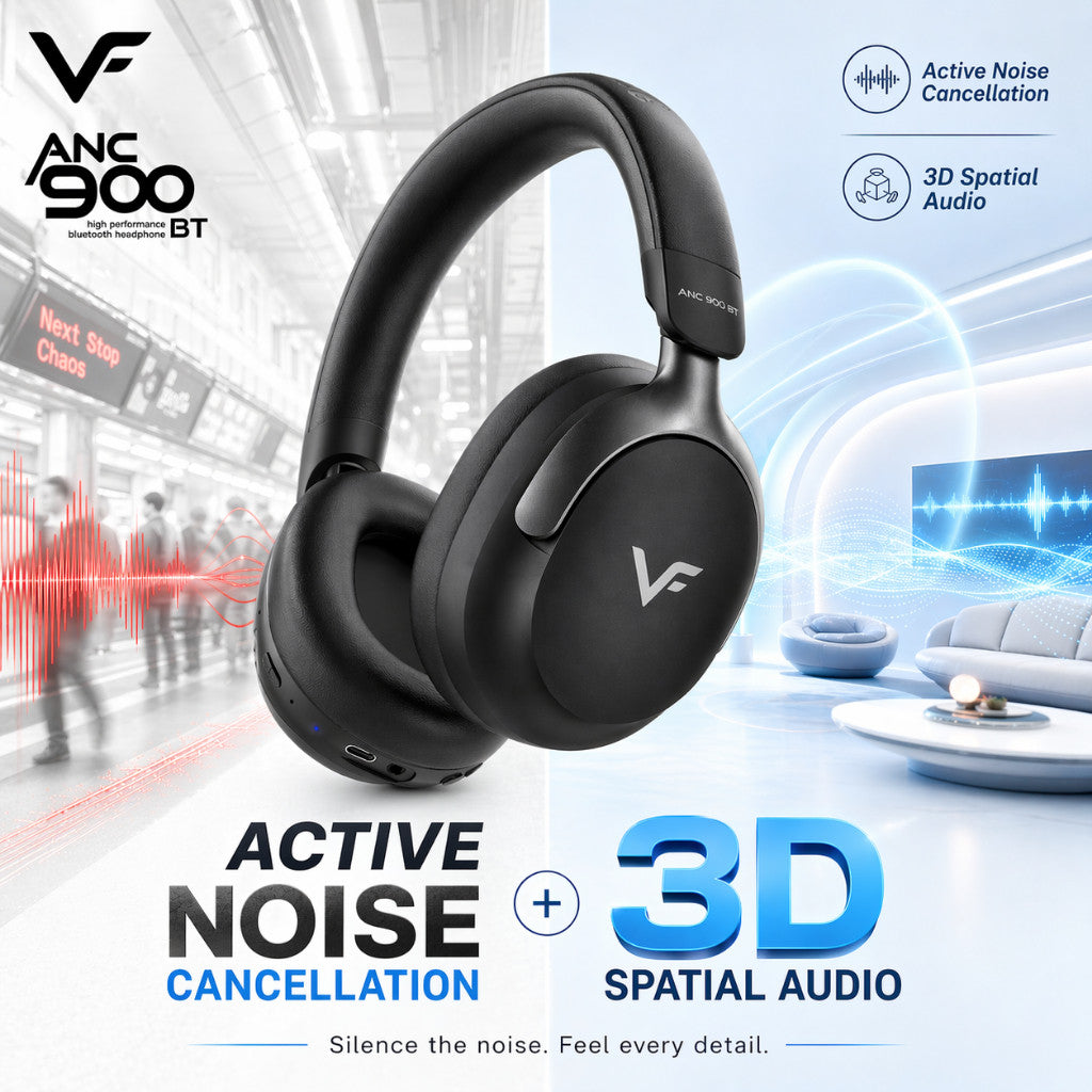 Vinnfier VF ANC 900 BT Wireless Headphones Deep ANC, 3D Spatial Audio, BT V5.4, Built-In Mic, Foldable Design, Travel