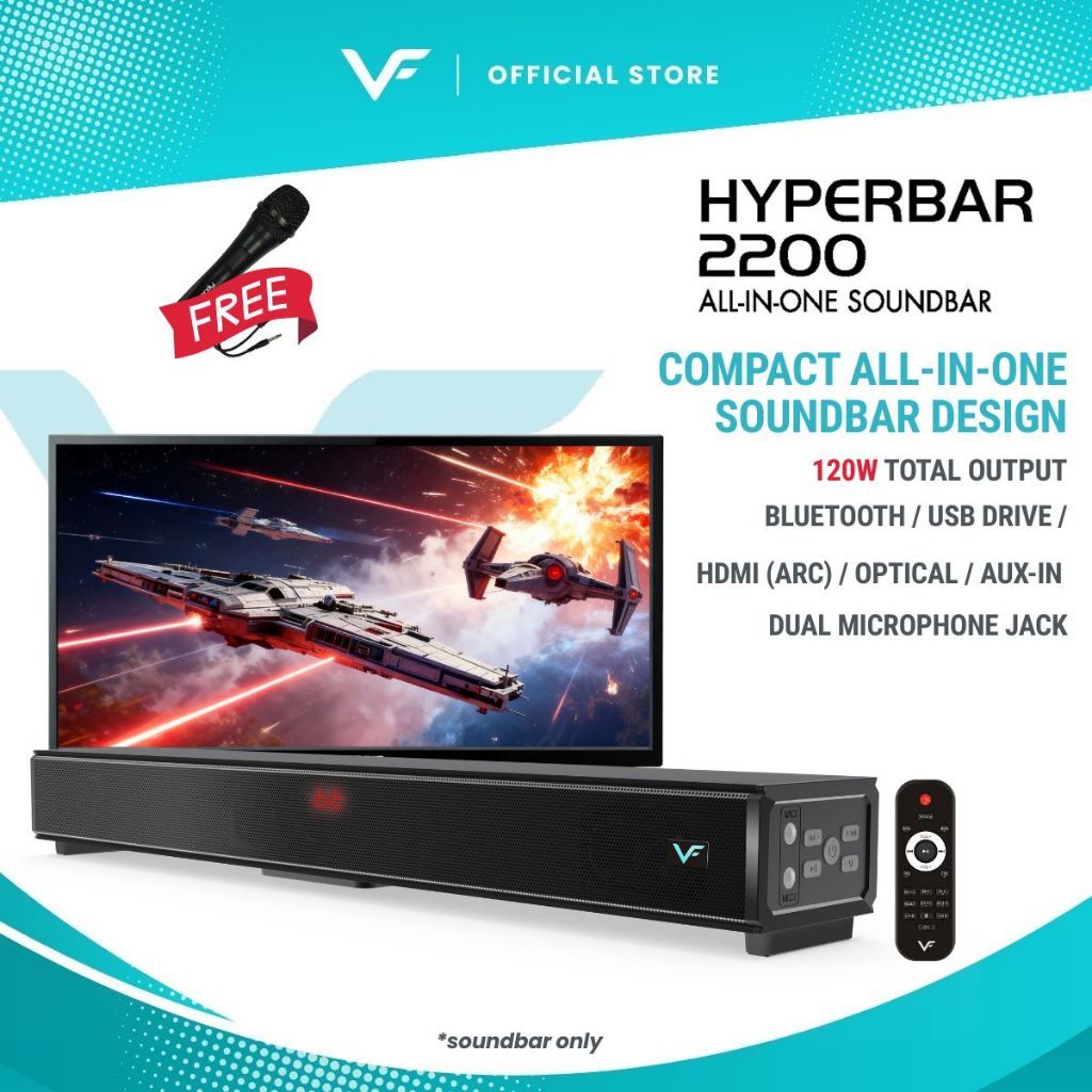 Vinnfier VF Hyperbar 2000 Naik Taraf Bunyi TV Wireless Bluetooth TV Soundbar 60W MAX AUX USB Pendrive