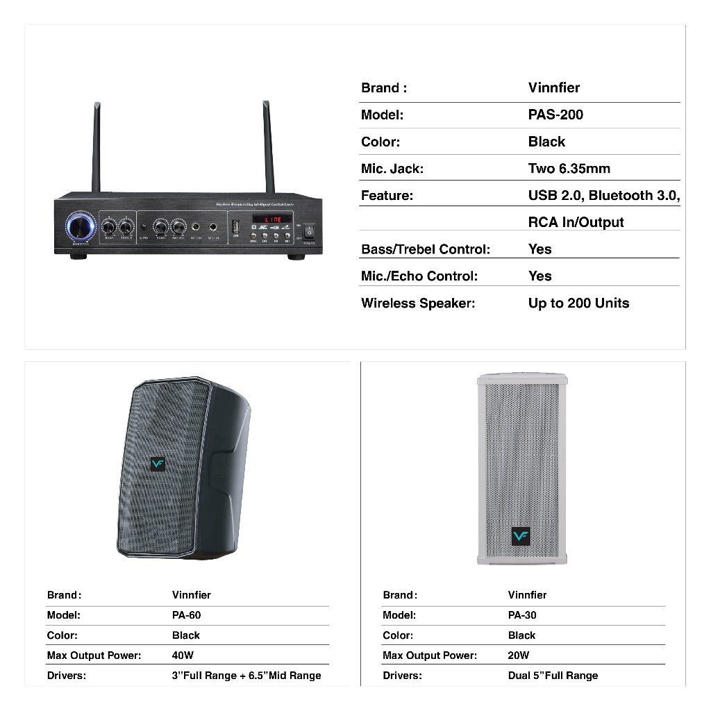 Vinnfier VF PAS-200 PA System Transmitter + PA-30 20W Water-Resistant Speaker | Indoor & Semi-Outdoor Sound System