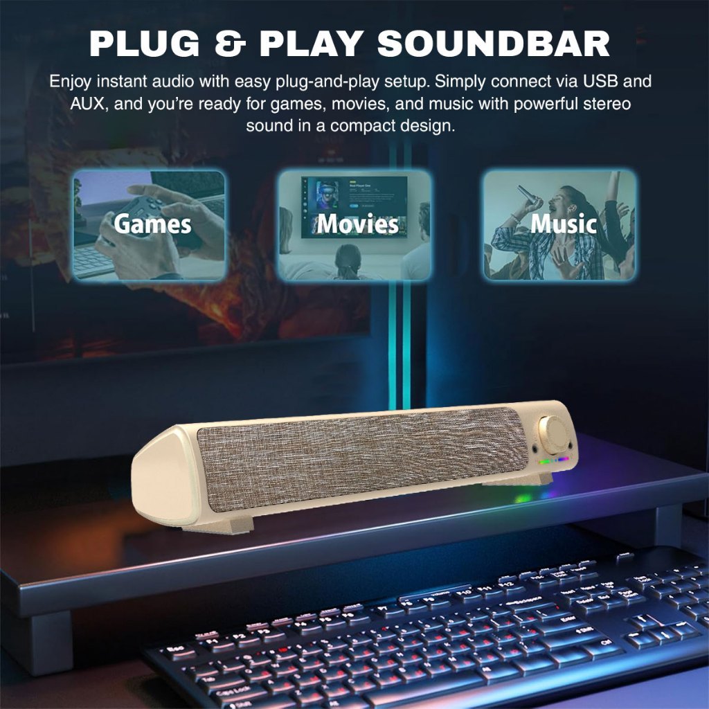 Vinnfier Hyperbar U11 USB Powered PC Soundbar with Aux Line-In Output Headphone Jack / Microphone Jack for Gaming Music
