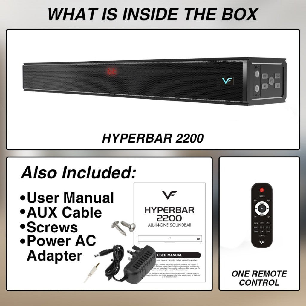 Vinnfier VF Hyperbar 2200 120W Soundbar 2.1 Channel Karaoke Speaker Bluetooth 5.0, HDMI (ARC) Optical, USB, AUX