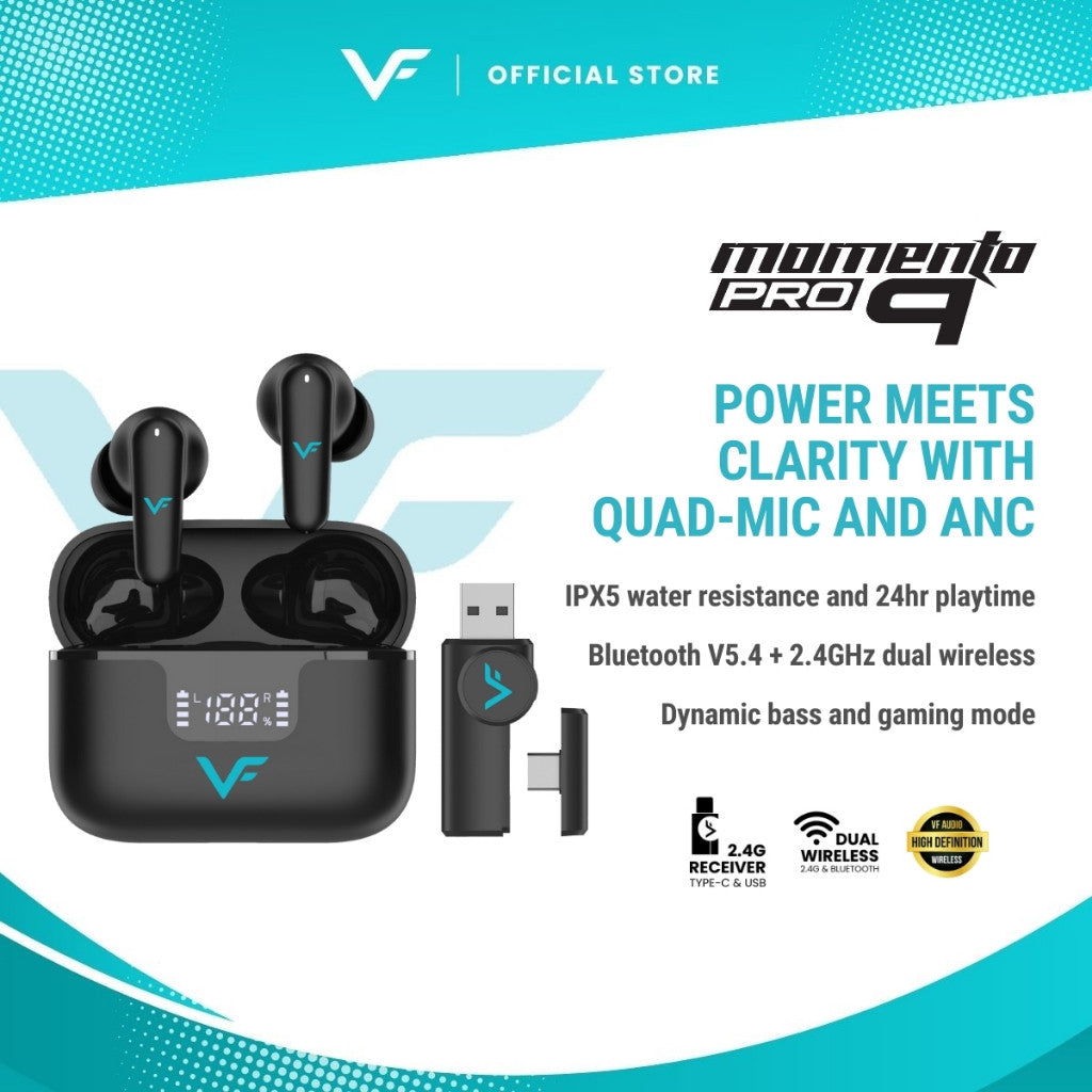 Vinnfier VF Xtreme Pro 9 2.4ghz Dongle Wireless earbuds ANC Transparent Mode leather-grain Spatial Audio VR Gaming