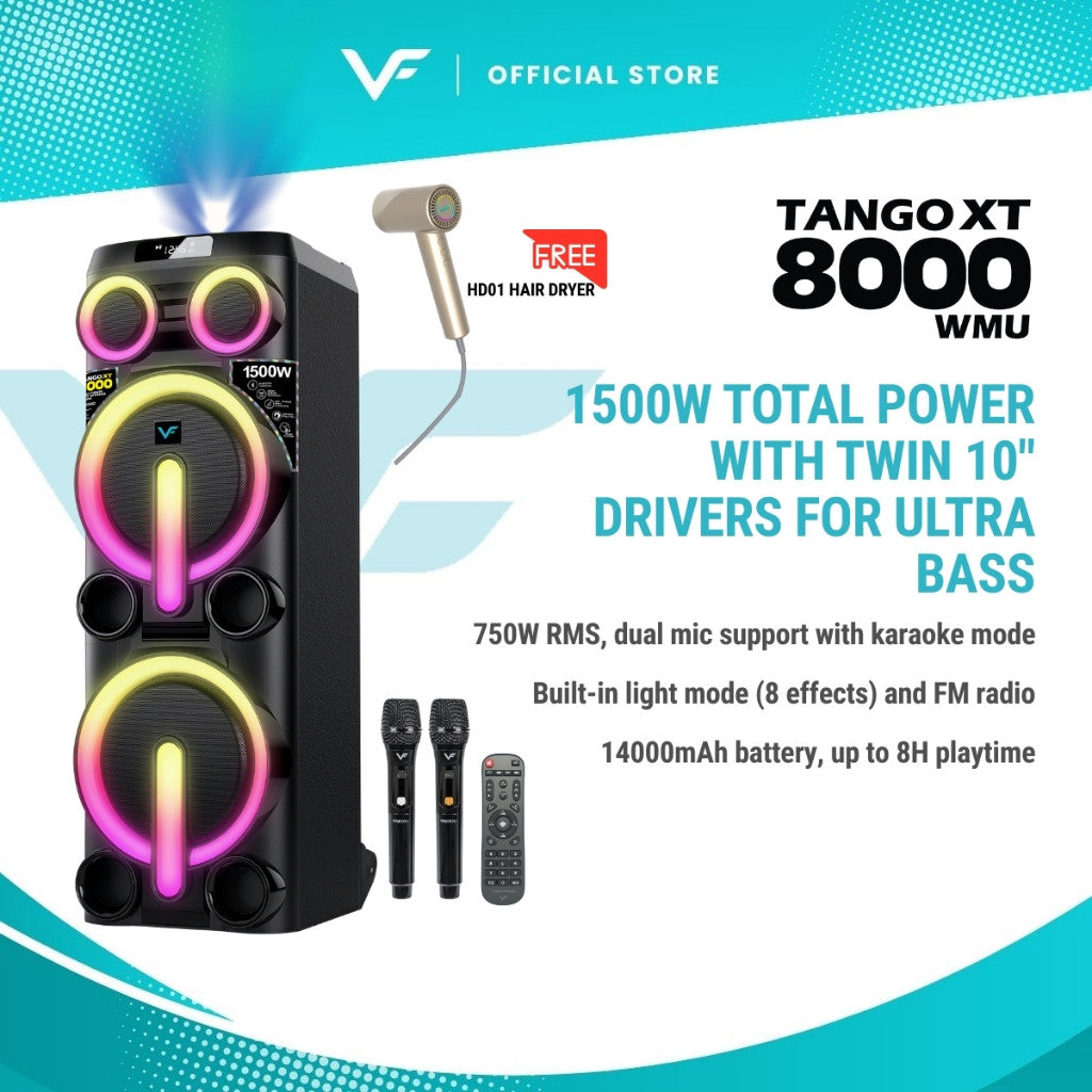 Vinnfier VF Tango XT8000 WMU 1500W MAX 14000mAh Potable Bluetooth Guitar Partybox Speaker Karaoke Speaker Aux-In USB