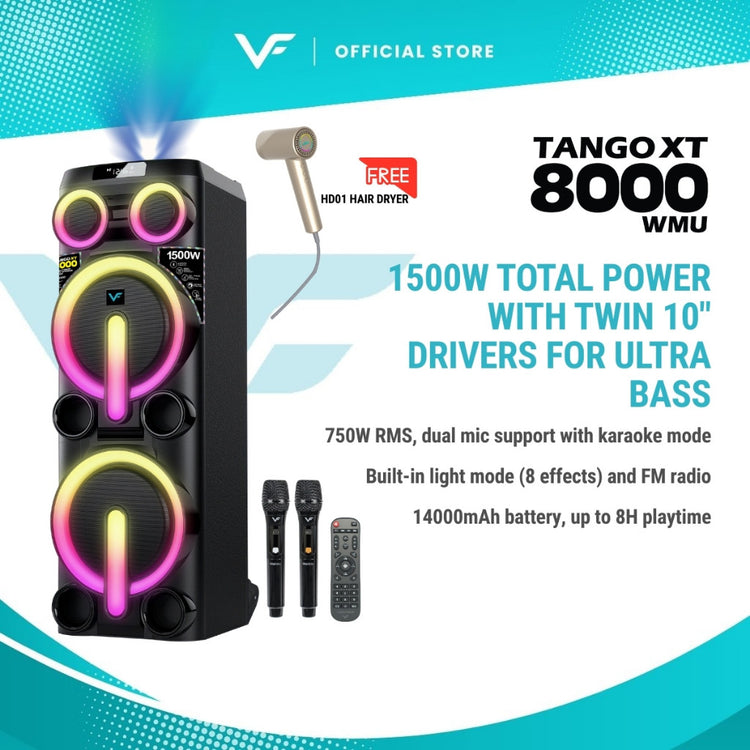 Vinnfier VF Tango XT8000 WMU 1500W MAX 14000mAh Potable Bluetooth Guitar Partybox Speaker Karaoke Speaker Aux-In USB