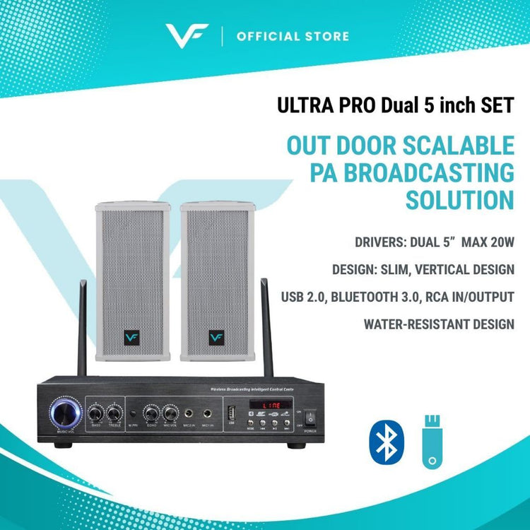 Vinnfier VF PAS-200 PA System Transmitter + PA-30 20W Water-Resistant Speaker | Indoor & Semi-Outdoor Sound System