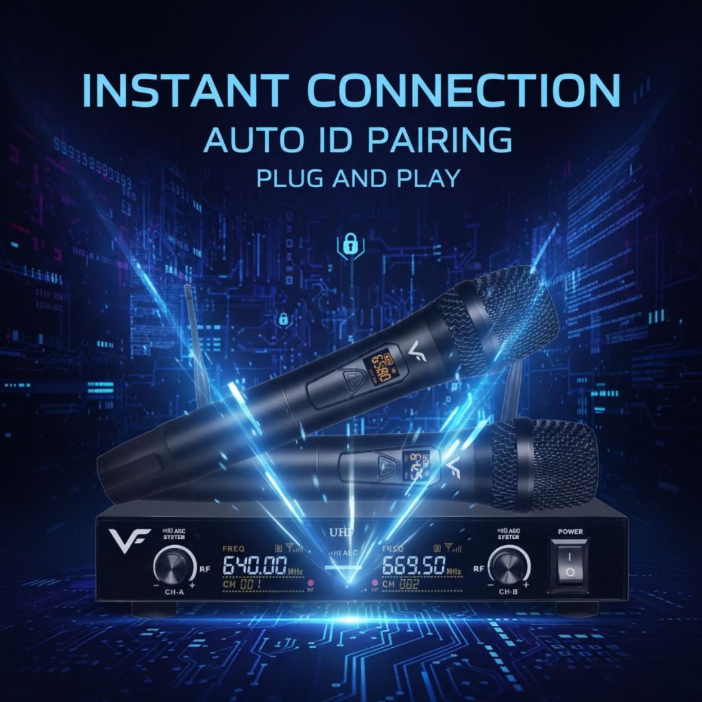 Vinnfier VF UM-1200 Professional DUO Wireless UHF Microphone System 60 Adjustable Channels & Auto ID Pair