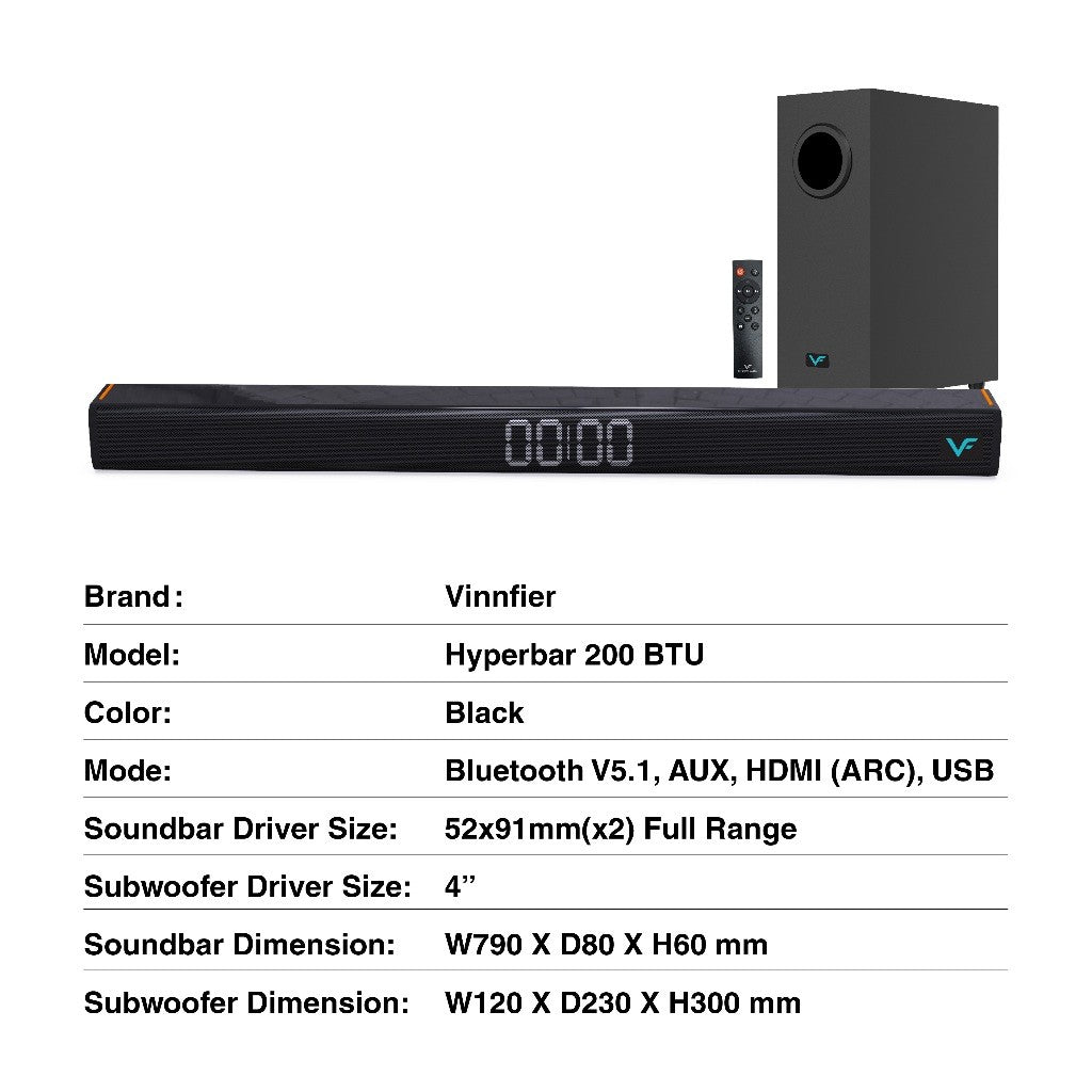 Vinnfier HYPERBAR 202 BTU 100W Soundbar with Wired Subwoofer built-in LED clock display Deep Bass Performance EQ Modes