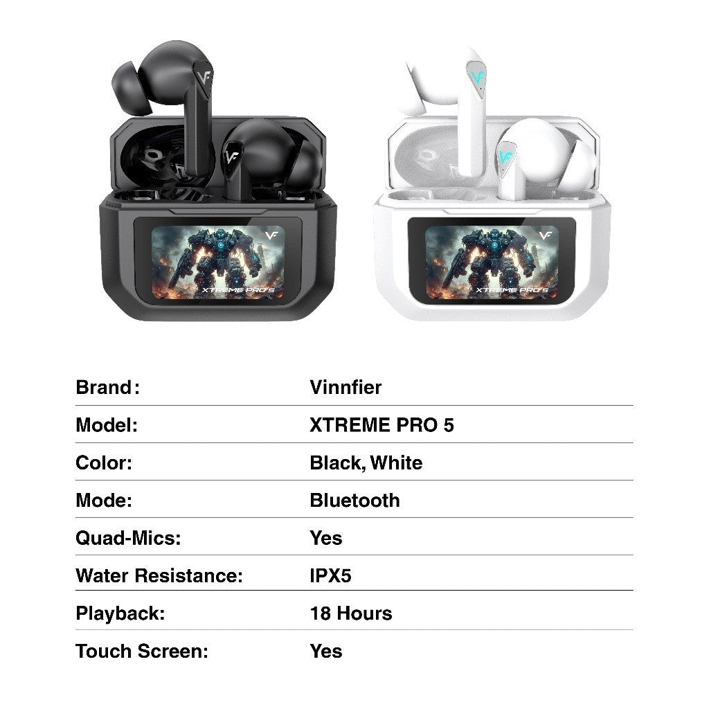 VINNFIER XTREME PRO 5 True Wireless Stereo Smart Screen Control Earbuds Bluetooth EQ Adjustment Audio Charging