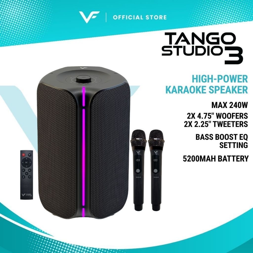 Vinnfier VF Tango Studio 3 Bluetooth Portable Karaoke Speaker | 240W System Power, Dual Wireless Mics & Bass Boost EQ