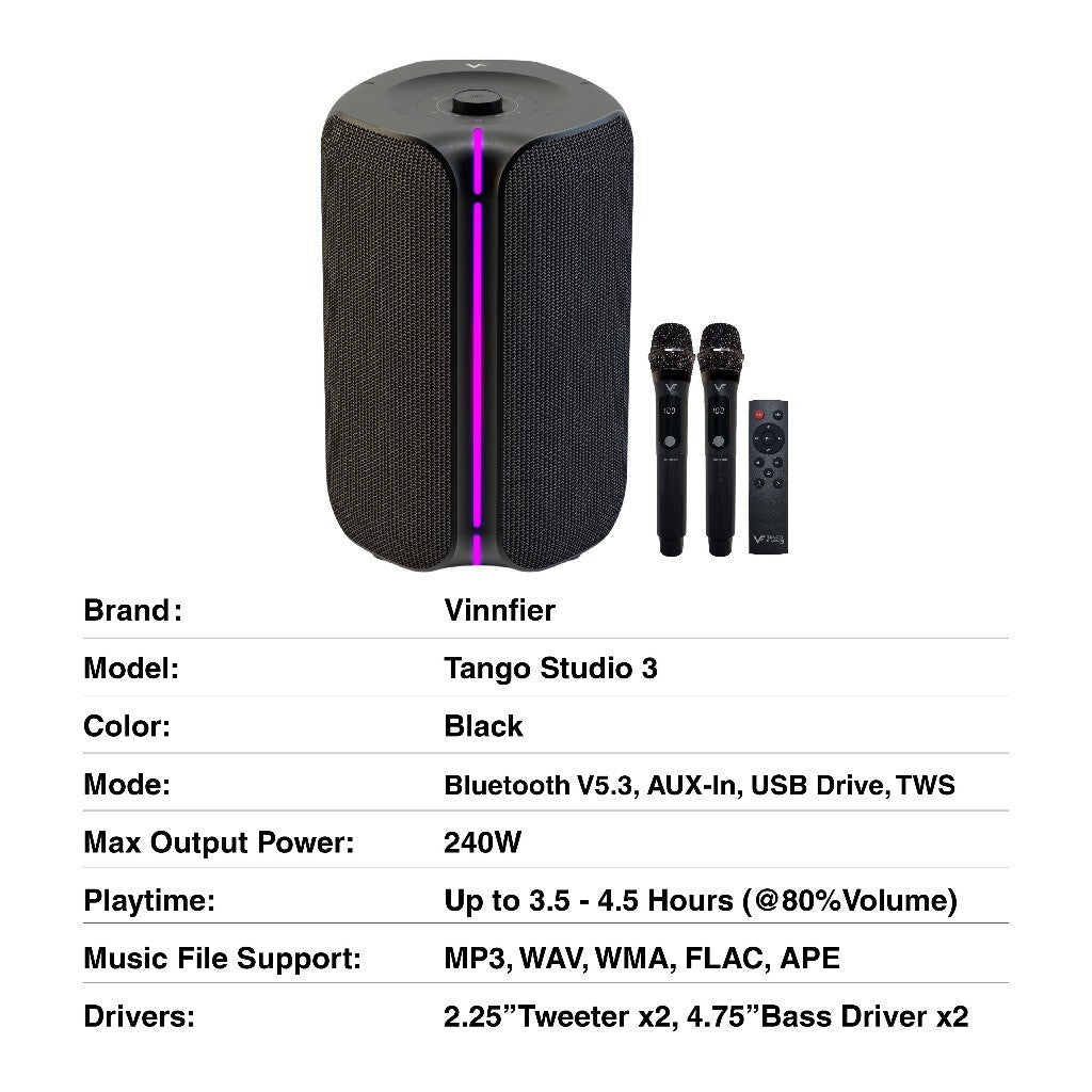 Vinnfier VF Tango Studio 3 Bluetooth Portable Karaoke Speaker | 240W System Power, Dual Wireless Mics & Bass Boost EQ