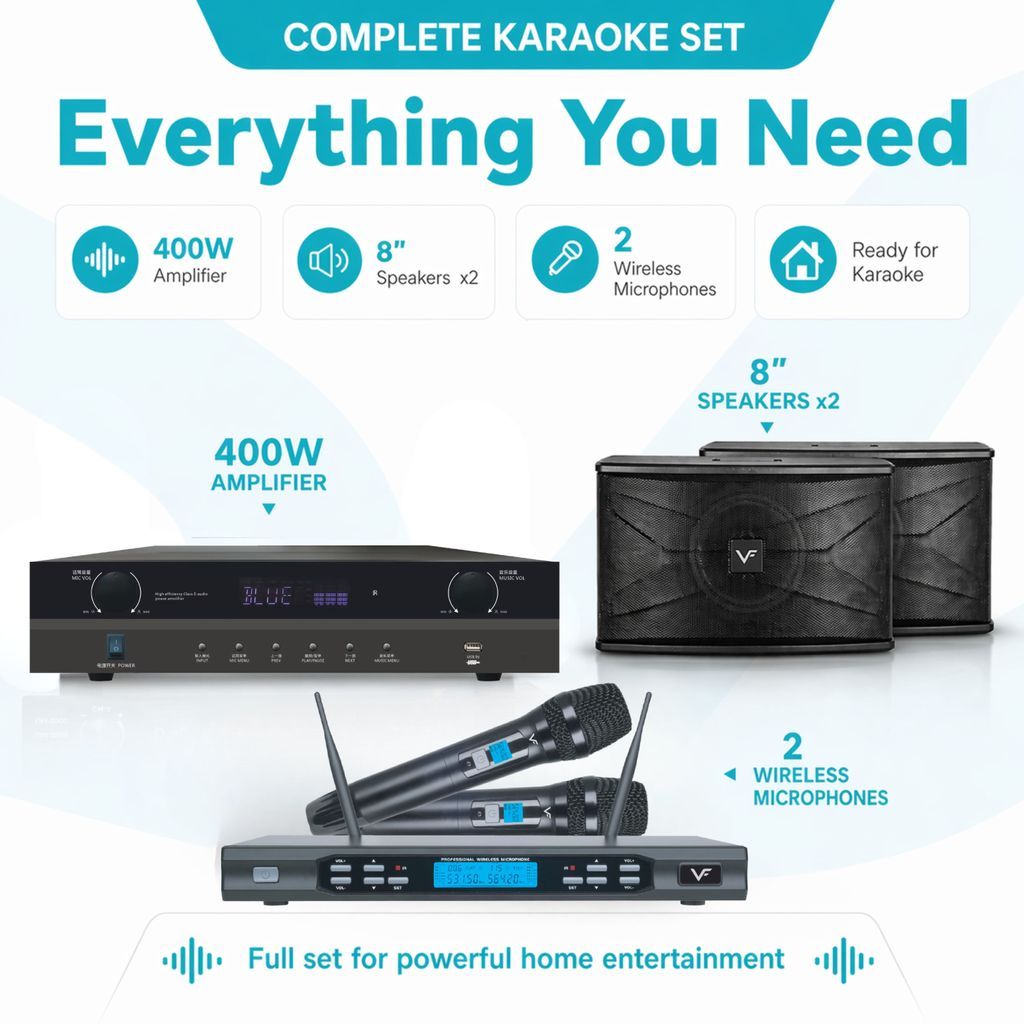 Vinnfier VF ULTRA PRO 8 Inch Karaoke Set Amplifier 400W Wall-Mount Speakers 480W + 2 Wireless Professional Microphone