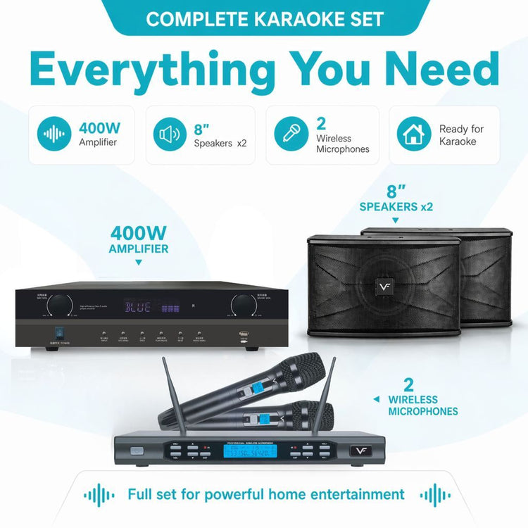 Vinnfier VF ULTRA PRO 8 Inch Karaoke Set Amplifier 400W Wall-Mount Speakers 480W + 2 Wireless Professional Microphone