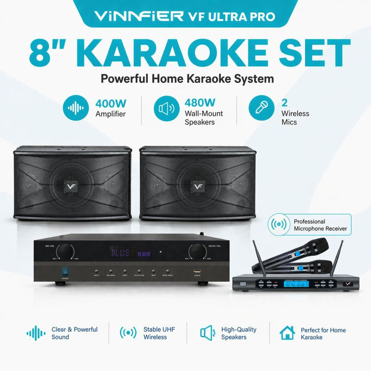 Vinnfier VF ULTRA PRO 8 Inch Karaoke Set Amplifier 400W Wall-Mount Speakers 480W + 2 Wireless Professional Microphone